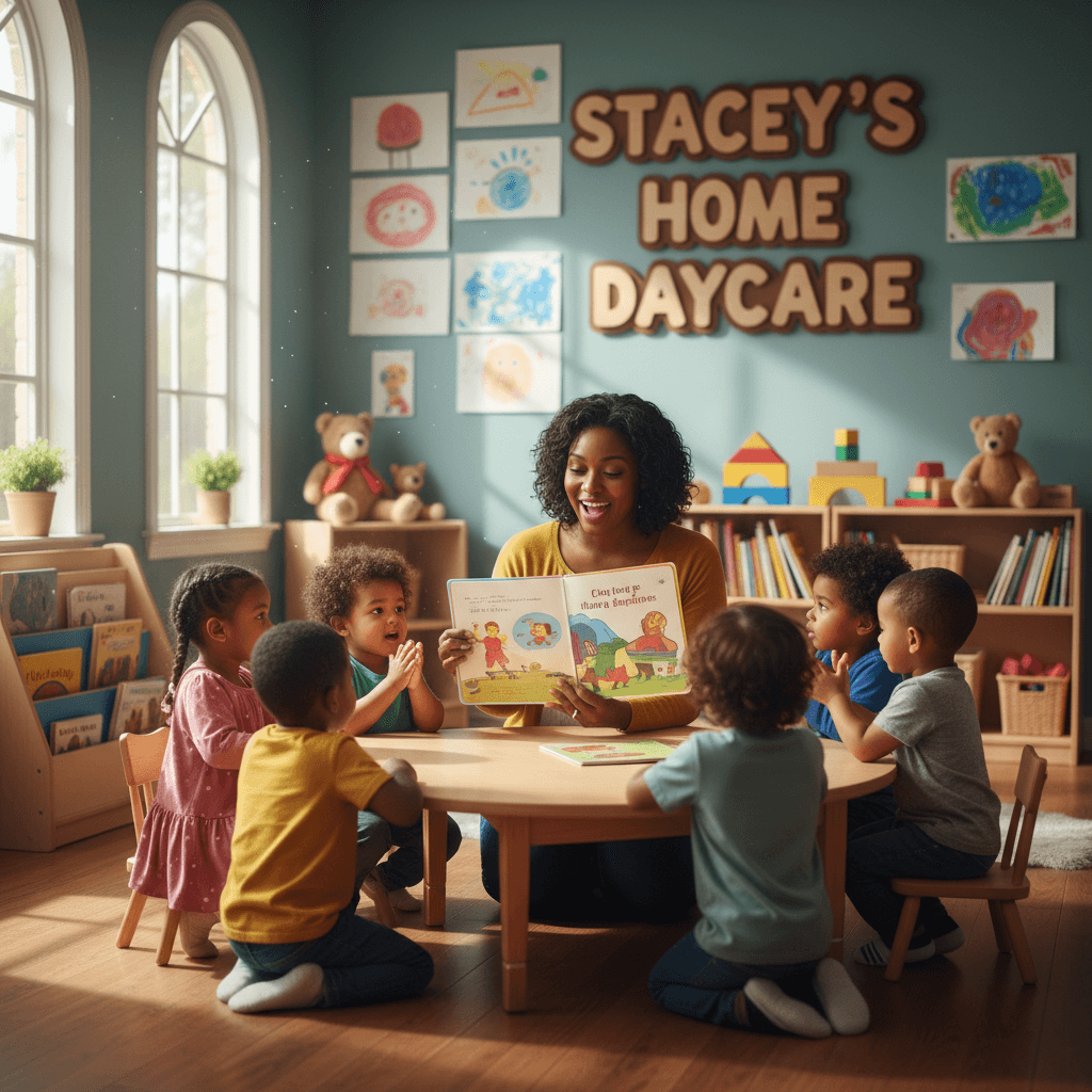 Diverse group of young children in circle around educator reading illustrated book during story time in warm classroom